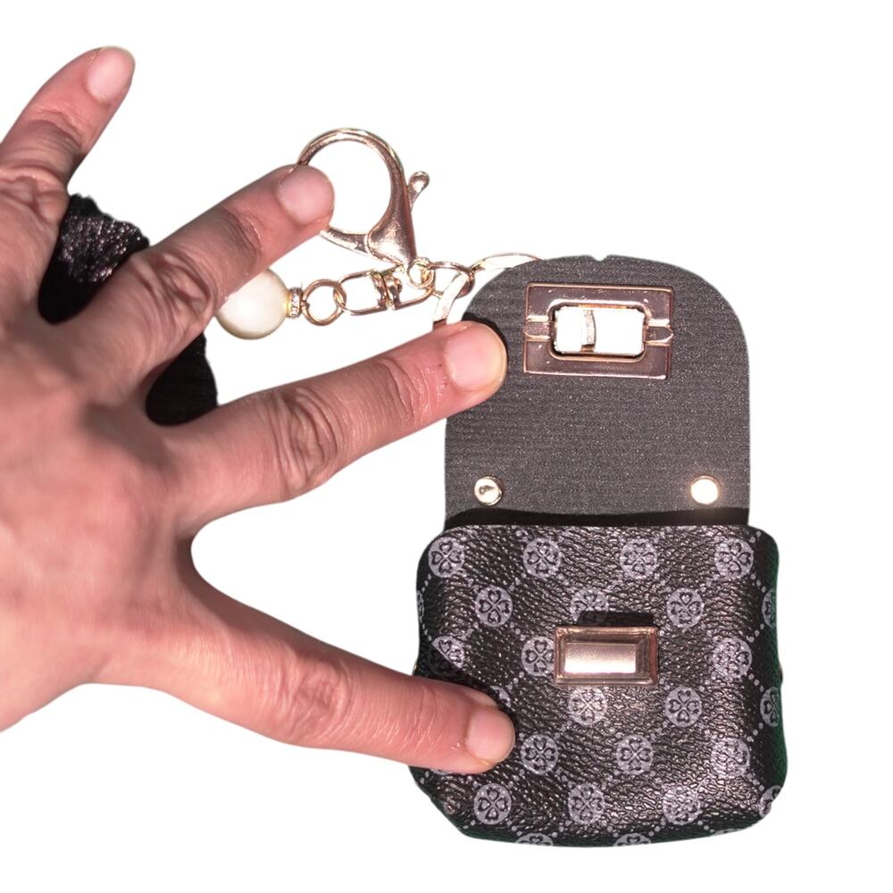 Mini Bag Keychain Charm Coin Purse Black Gray Monogram Gold Hardware Pearls NWT - Picture 6 of 11